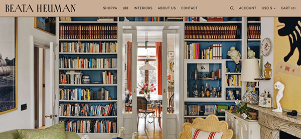 Room with wall-to-wall bookshelves, blue back panels, and a doorway to a dining area. Light floods through the windows, enhancing the vibrant decor with plants and colorful artifacts—like a scene from the best interior designer websites of 2025.