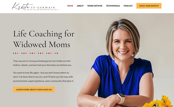 A smiling woman in a blue blouse sits before a 2025 website dedicated to life coaching for widowed moms. The button invites you to "Learn More About Mom Goes On.