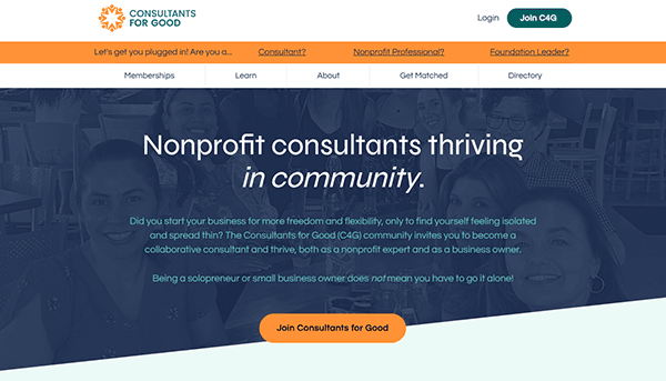 Explore the Consultants for Good (C4G) website, a leading platform for nonprofit consulting. Navigate through options like "Learn" and "Directory" to connect with the best consultants in the field. Click "Join Consultants for Good" and be part of this transformative network today!.