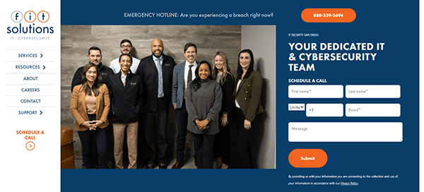 A group of eight people stands in an office setting near a sign that reads "Your Dedicated IT & Cybersecurity Team." On the right, a form invites scheduling a call, showcasing one of the best IT company websites.