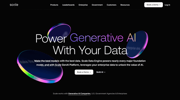 Scale website homepage showcasing "Power Generative AI With Your Data" features sleek and modern IT company design. Explore options to "Book a Demo" and "Build AI," set against colorful circular graphics on a dark background.