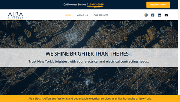 Website homepage for Alba Electric, featuring a city aerial view, contact number, and request a quote button. Promotes New York's best electrician services with the slogan: "We shine brighter than the rest." Discover why we're a top choice among electrician websites.