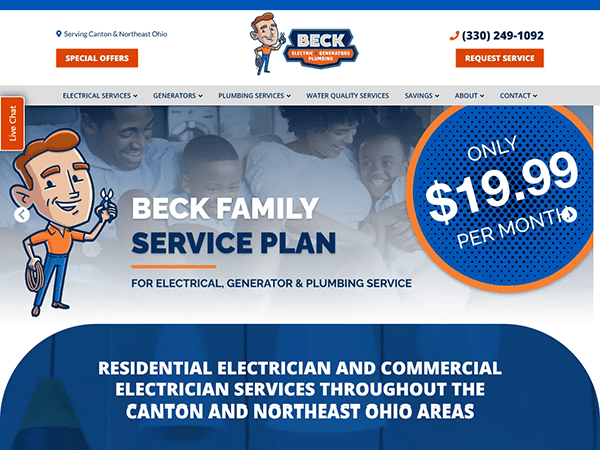 Discover Beck Electrical, Generators & Plumbing's homepage, featuring a $19.99/month service plan tailored for your needs. With expert service details, contact info, and a charming cartoon mascot, it's among the best electrician websites you'll visit for reliable solutions.