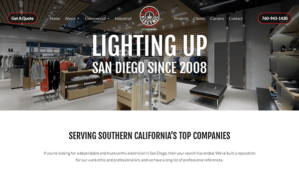 Modern showroom with the text "Lighting Up San Diego Since 2008" displayed prominently, featuring racks of clothes, a service contact number, and inspiration from the best electrician websites.