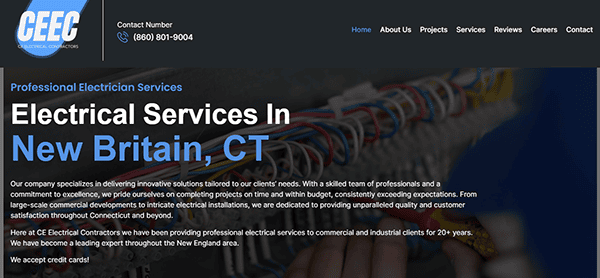 Discover the CEEC Electrical Contractors website, featuring top-notch services in New Britain, CT. Explore images of electricians expertly working on wiring and text detailing why they're among the 20 best electricians.