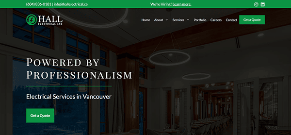 Website homepage of Hall Electrical Ltd, one of the best electrician websites, displaying a modern interior. Text: "Powered by Professionalism. Electrical Services in Vancouver." Contact info and navigation menu are visible, optimized with top-tier electrician SEO techniques.