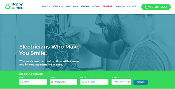 Website screenshot of "Happy Outlet," showcasing one of the best electrician websites. It features contact info in the header and a service form with fields for name, email, phone, and service dropdown selections. Perfect for anyone seeking reliable electrician services.