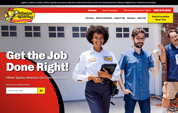 A smiling electrician stands with two people beside the "Get the Job Done Right!" text, perfectly showcased on one of the best electrician websites—the Mister Sparky homepage.