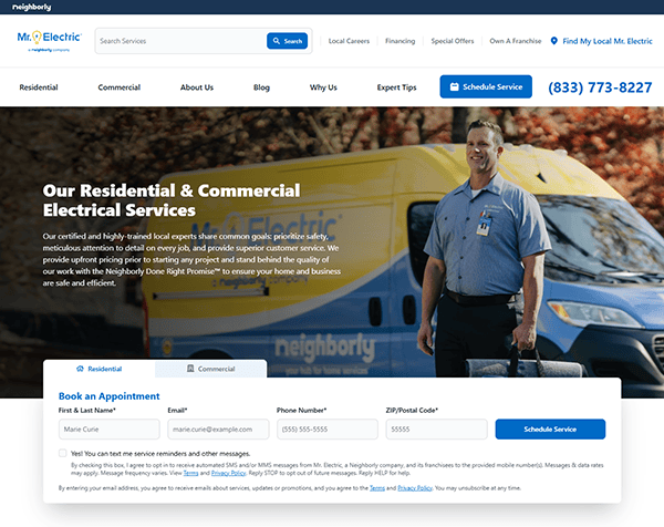 Discover the premier electrician website for Mr. Electric, showcasing top-notch residential and commercial services. Easily schedule appointments via the booking form and see our professional team in action with an image of a worker standing proudly by a branded van.