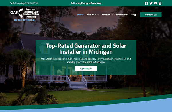 Discover our Michigan-based generator and solar installation services on our user-friendly website. Featuring contact options, it showcases an inviting image of a house surrounded by lush greenery. Explore one of the best electrician websites for sustainable energy solutions today.