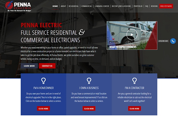 Screenshot of Penna Electric website homepage showcasing top-tier residential and commercial electrical services. Discover dedicated sections for homeowners, businesses, and contractors, plus a user-friendly menu and easy contact options—all hallmarks of one of the best electrician websites.