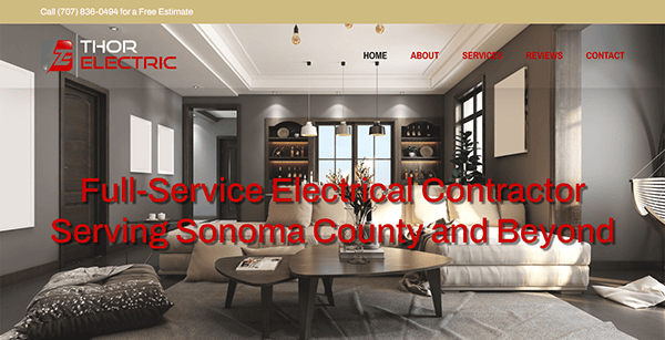 Homepage of Thor Electric's website, showcasing contact info, services, and a living room image with the text: "Full-Service Electrical Contractor Serving Sonoma County and Beyond." Optimized for Electrician SEO to rank among the best electrician websites.