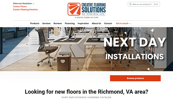 Screenshot of a Creative Flooring Solutions website showcasing their next day installations service. The webpage highlights office flooring options, includes a search bar for browsing products, and exemplifies top-notch website designs for modern flooring needs.