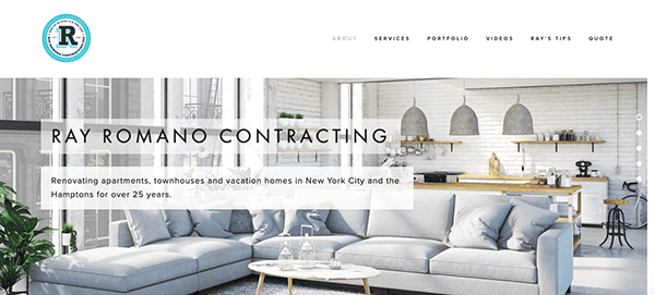 Screenshot of the Ray Romano Contracting website showcasing a contemporary living room. The company, with over 25 years in residential construction, specializes in renovating apartments, townhouses, and vacation homes in NYC and the Hamptons.