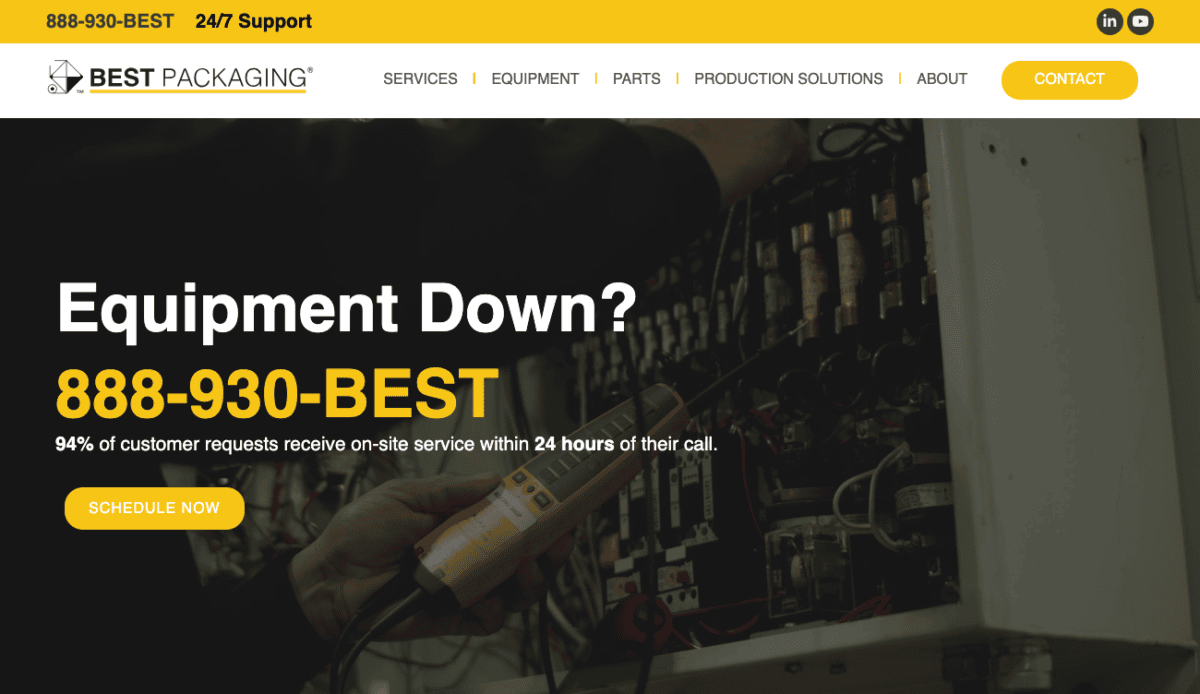 Website homepage for best packaging, offering repair and maintenance services for industrial equipment, with navigation links and contact information.