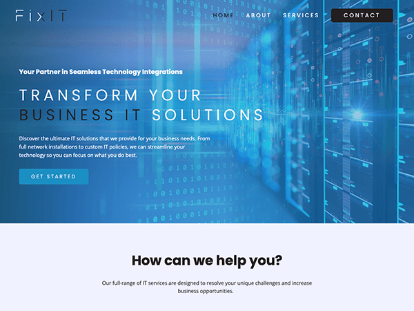 Website homepage for "fixit": binary code and circuit imagery backdrop, featuring navigation menu and introductory text about it solutions.