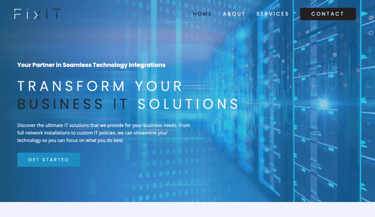 Webpage of "fixit" it solutions company featuring services offered, about us section, and contact information, with a background image of a server room.