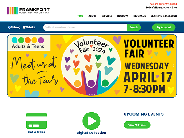 Website homepage of frankfort public library featuring a colorful banner for an upcoming volunteer fair event.