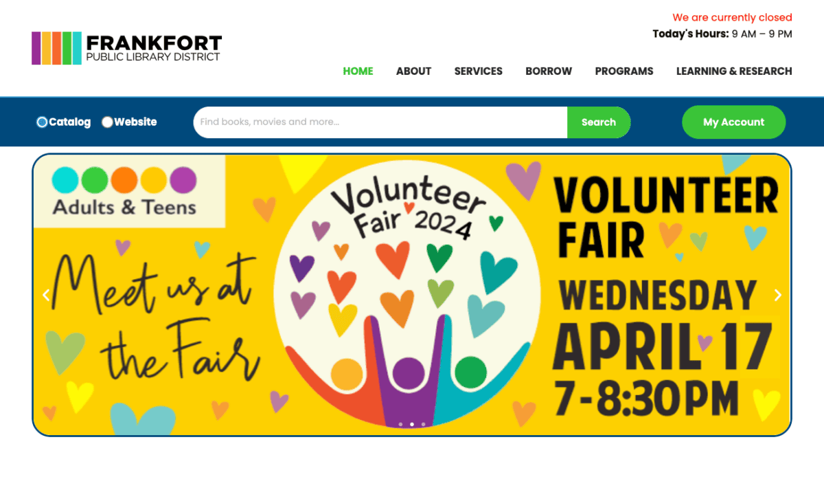 Homepage of the frankfort public library website featuring a banner for a volunteer fair, navigational menu, and various service links including digital collection access.