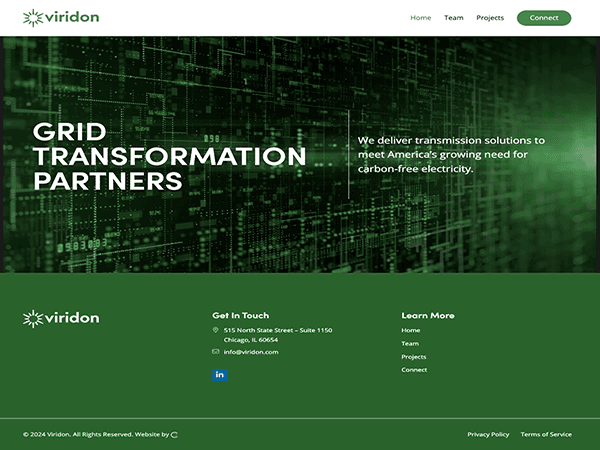 Website homepage of Viridon with a digital green matrix background, featuring sections like home, team, projects, and a connect section.