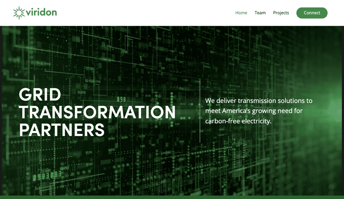 Homepage of viridon website featuring a digital matrix background with sections for home, team, projects, and connect, highlighting their focus on grid transformation.