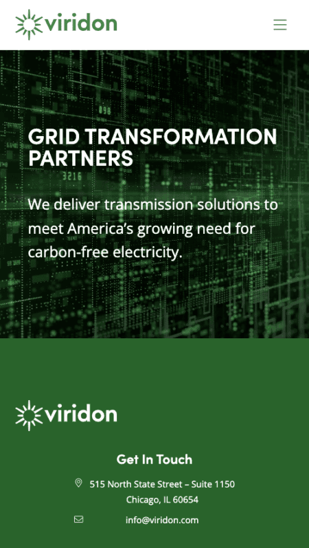 A web page displaying "industry grid transformation partners" with a digital green matrix background, and contact information for Viridon, a company based in Chicago.
