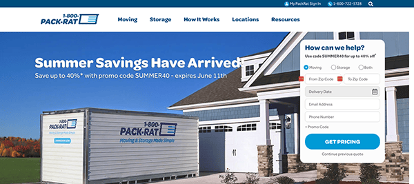Image of the 1-800-PACK-RAT homepage showing a storage container next to a house. Includes promotional text about summer savings of up to 40% with a code, valid until June 11th. A form to get pricing is displayed.