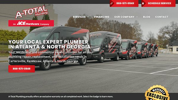 Several black and red A-Total Plumbing service vans are parked in a row. The text promotes plumbing services in Atlanta and North Georgia, with contact details and affiliations with ACE Hardware.