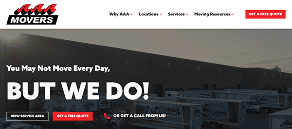 AAA Movers website homepage showing a slogan 'You May Not Move Every Day, BUT WE DO!' against an image of moving trucks lined up outside a large warehouse.