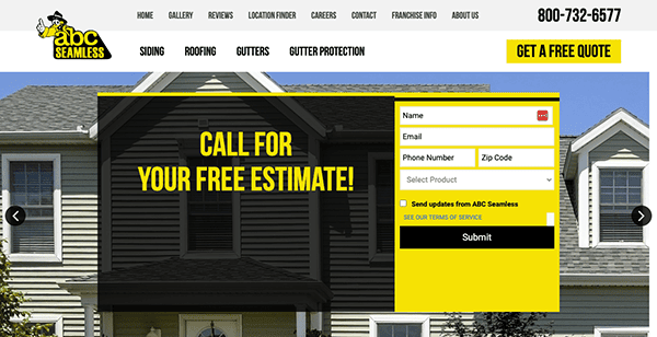 Screenshot of ABC Seamless website showing a house background, the company logo, contact information, a "Get A Free Quote" button, and a form for requesting a free estimate.