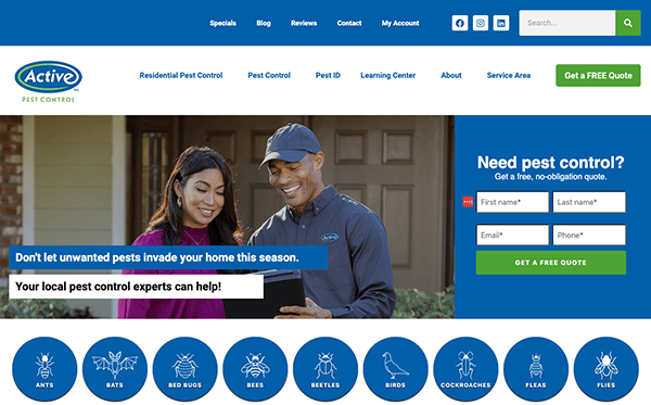 Screenshot of a pest control company's website showing a man and woman smiling with a tablet. The service offers free quotes and information on controlling pests like ants, bats, bed bugs, bees, beetles, birds, and cockroaches.