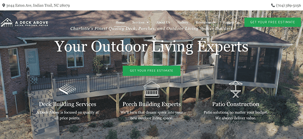 Website homepage showcasing a company specializing in outdoor living spaces with services like deck building, porch construction, and patio design. Contact information and a call to action for free estimates are visible.