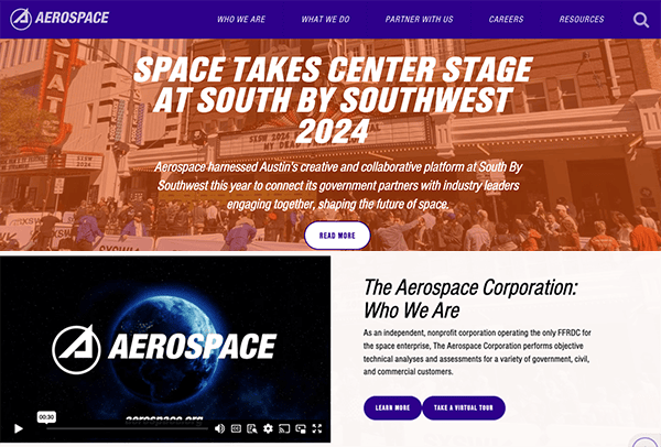 A screenshot of the aerospace corporation's homepage, featuring an image of a crowd at south by southwest and sections about the company’s services and missions.