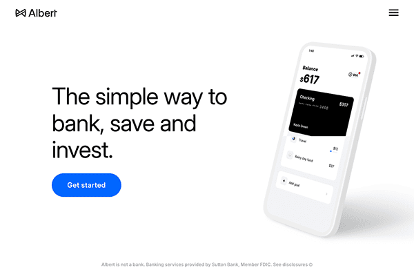 An advertisement for albert banking app showing a smartphone displaying the app's interface with balance and transactions visible. a "get started" button is below the text "the simple way to bank, save and invest.