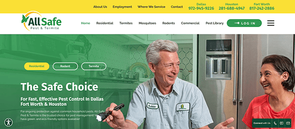 Website homepage for All Safe Pest & Termite. A smiling staff member in a uniform holds pest control equipment, engaging with a happy customer in a kitchen. Company contact information is displayed at the top.