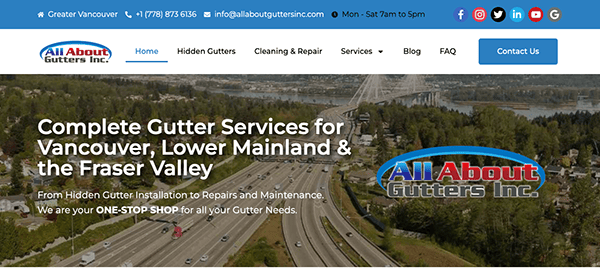 Screenshot of All About Gutters Inc. webpage offers gutter services in Vancouver, Lower Mainland & Fraser Valley, including installations, repairs, and maintenance. Contact details and social media links are shown.