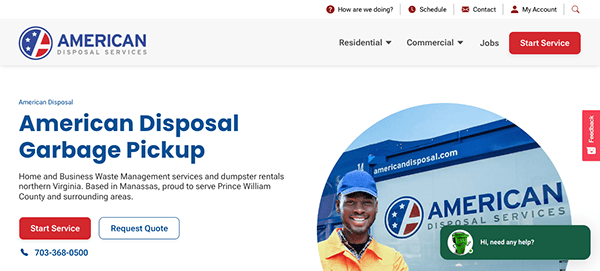 Screenshot of American Disposal Services website showing an employee with a truck and text about garbage pickup services in northern Virginia. Includes buttons for starting service or requesting a quote.