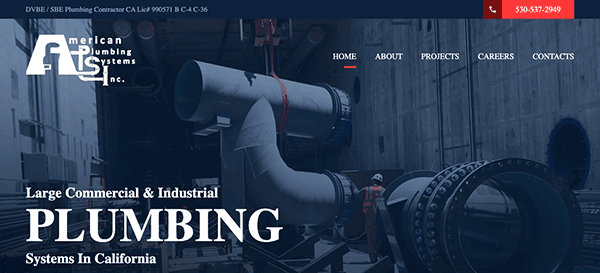 Website of American Plumbing Systems, Inc., highlighting their expertise in large commercial and industrial plumbing in California. The navigation bar includes options for About, Projects, Careers, and Contacts.