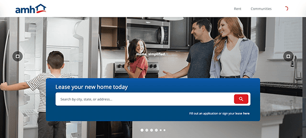 A family of four tours a modern kitchen. A box in the center of the image prompts users to "Lease your new home today" with a search bar for city, state, or address. The amh logo is visible in the top left corner.