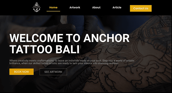 A tattoo artist working on detailed body art on a person's arm, with the text "welcome to anchor tattoo bali" and website navigation links.