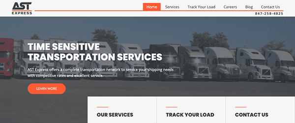 Website homepage of AST Express featuring parked trucks with “Time Sensitive Transportation Services” banner and navigation menus.