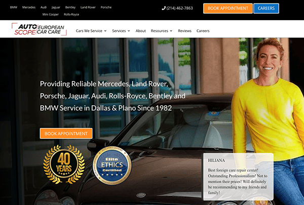 Screenshot of a car repair service website for European Scope Car Care, featuring a woman standing next to a car. The website highlights services for luxury vehicles and has options to book an appointment.