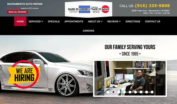 Screenshot of a car repair shop website. It includes a banner with contact information, a "We Are Hiring" sign over a car image, and a photo of an employee at a desk. Text reads "Our Family Serving Yours Since 1985.