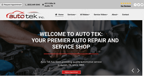 Screenshot of a website for Auto Tek Inc., an auto repair and service shop located in Austin, TX. The site offers services, contact details, and appointment scheduling. Text: "Welcome to Auto Tek: Your Premier Auto Repair and Service Shop.