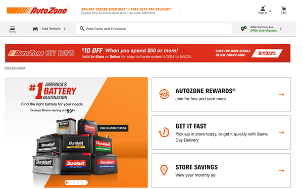 Website homepage of autozone featuring promotional offers, a product search bar, and images of automotive batteries and oil products.