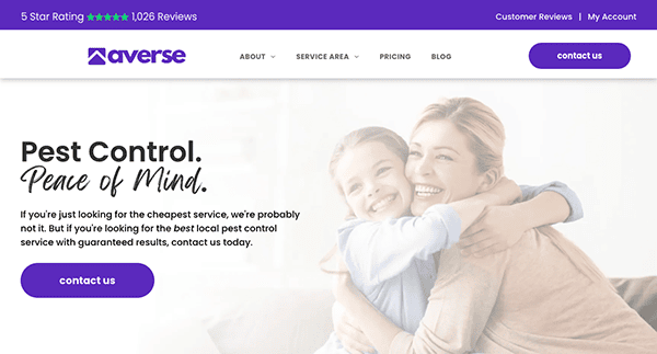 A website for Averse pest control service showing a 5-star rating, the company logo, contact buttons, and a promotional image of a woman and child embracing, with the message "Pest Control. Peace of Mind.