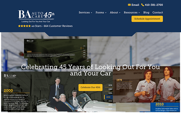 BA Auto Care website celebrating its 45th anniversary, with services, forms, contact info, and several historical photos of people and cars. High ratings and customer reviews are also highlighted.