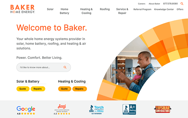 A screenshot of the Baker Home Energy website. The page highlights services like solar, battery, heating, cooling, and roofing with customer reviews and an image of a technician working.