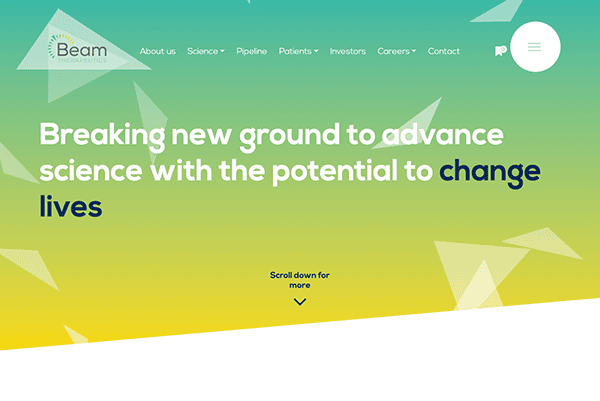 Website homepage of beam therapeutics featuring a headline "breaking new ground to advance science with the potential to change lives" over a geometric background in green and yellow tones.