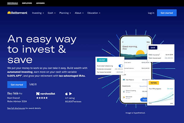 Website homepage of betterment showcasing investment services with user interface examples, positive customer reviews, and a "get started" button.